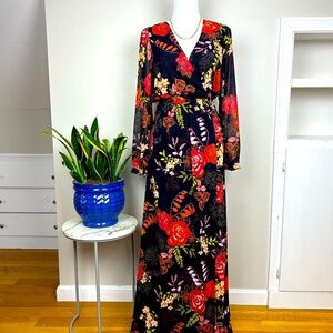 LULU’S Dark Floral Sheer Long Sleeve Maxi Dress High Slit NWT!
